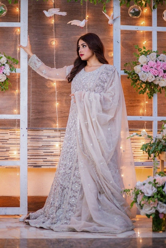 Silver Feather Walima Gown - Fashion Ghar
